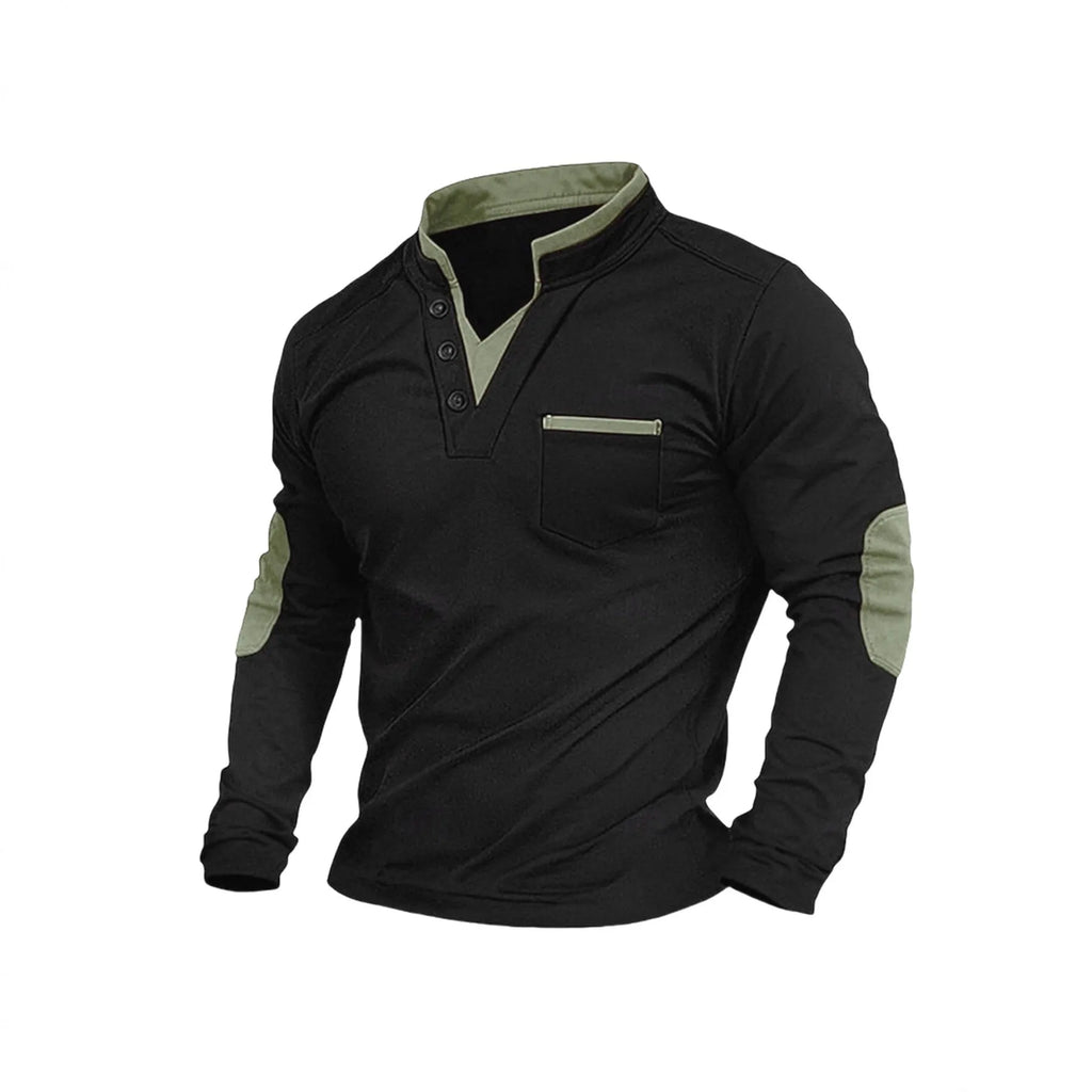 Men's stand collar long-sleeved sweater in solid black gray colour, stitching detail, pullover style, front view
