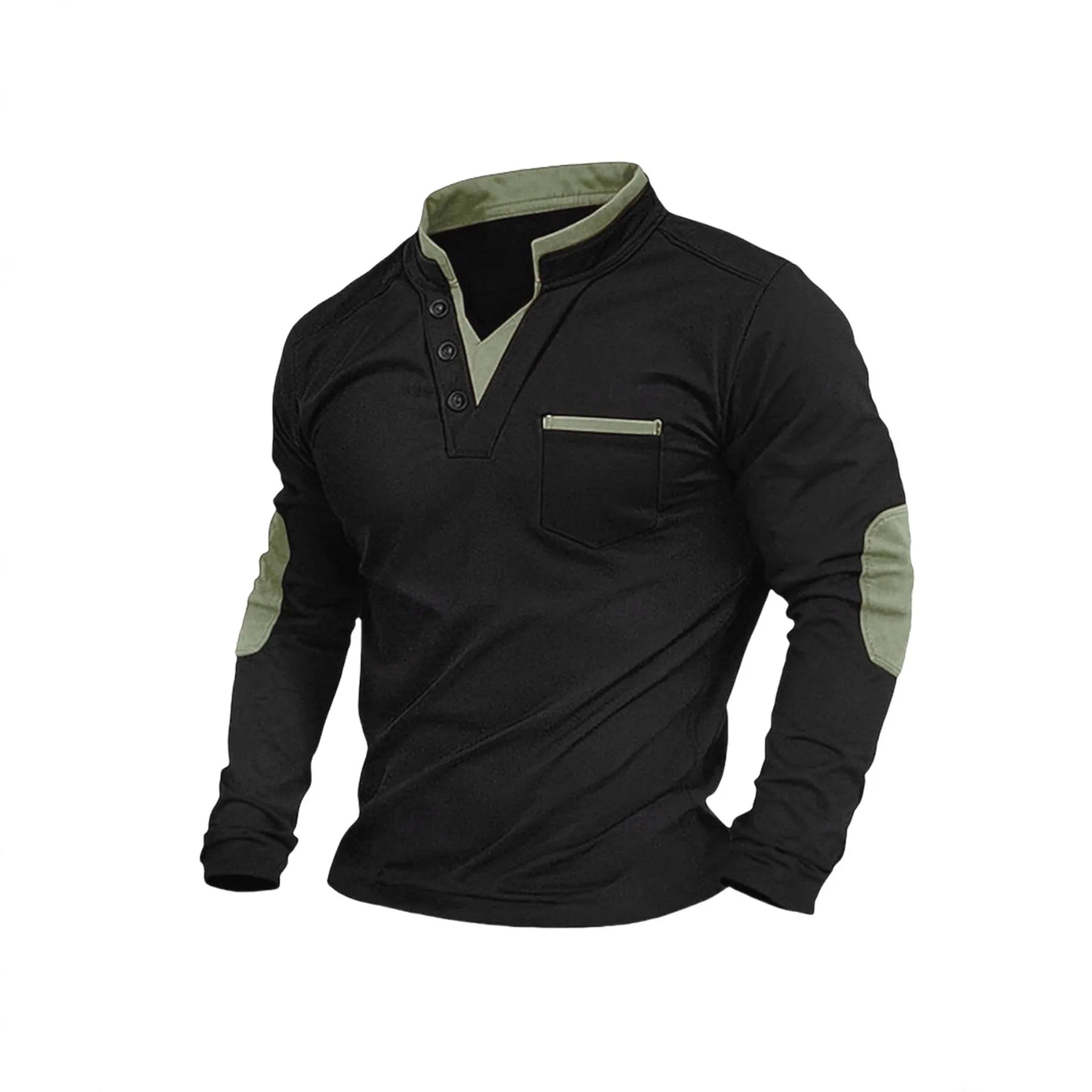 Men's stand collar long-sleeved sweater in solid black gray colour, stitching detail, pullover style, front view