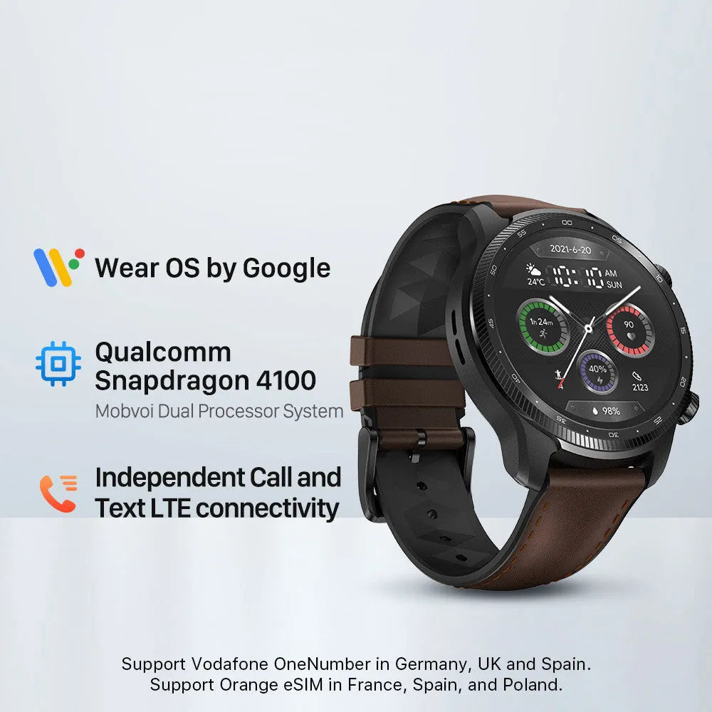 Ticwatch Pro X 47mm black smart watch with circular display on wrist