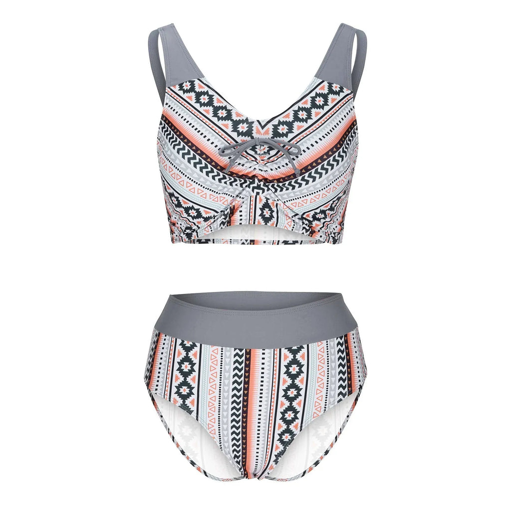 Blue women's cross-strap bikini top and briefs on a mannequin.