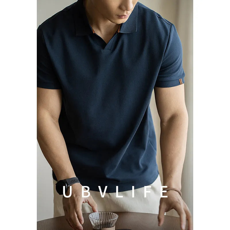 American-style blue cotton blend short sleeve polo shirt on hanger