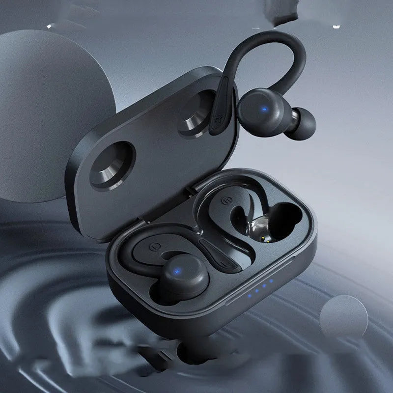 Noise-cancelling hanging ear sports earbuds in black with removable ear hooks and charging case.