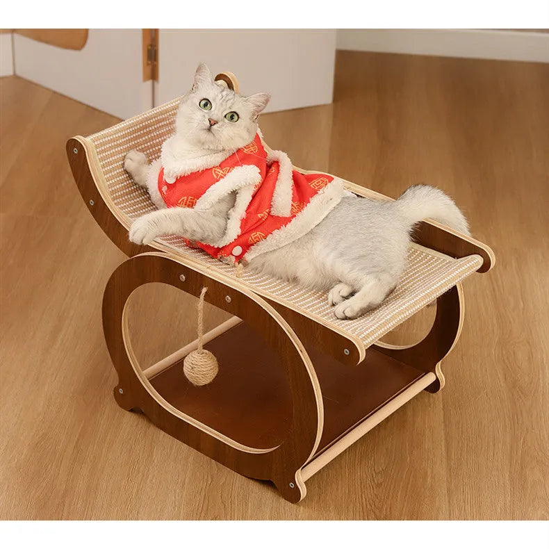 Solid wood sisal cat scratching mat in walnut colour on a wooden floor.
