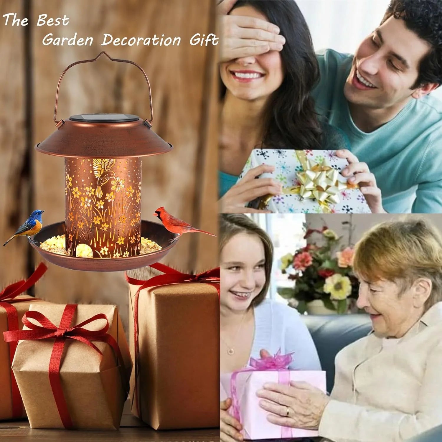 Iron art solar-powered bird feeder lamp with hummingbird pattern design for outdoor garden use.