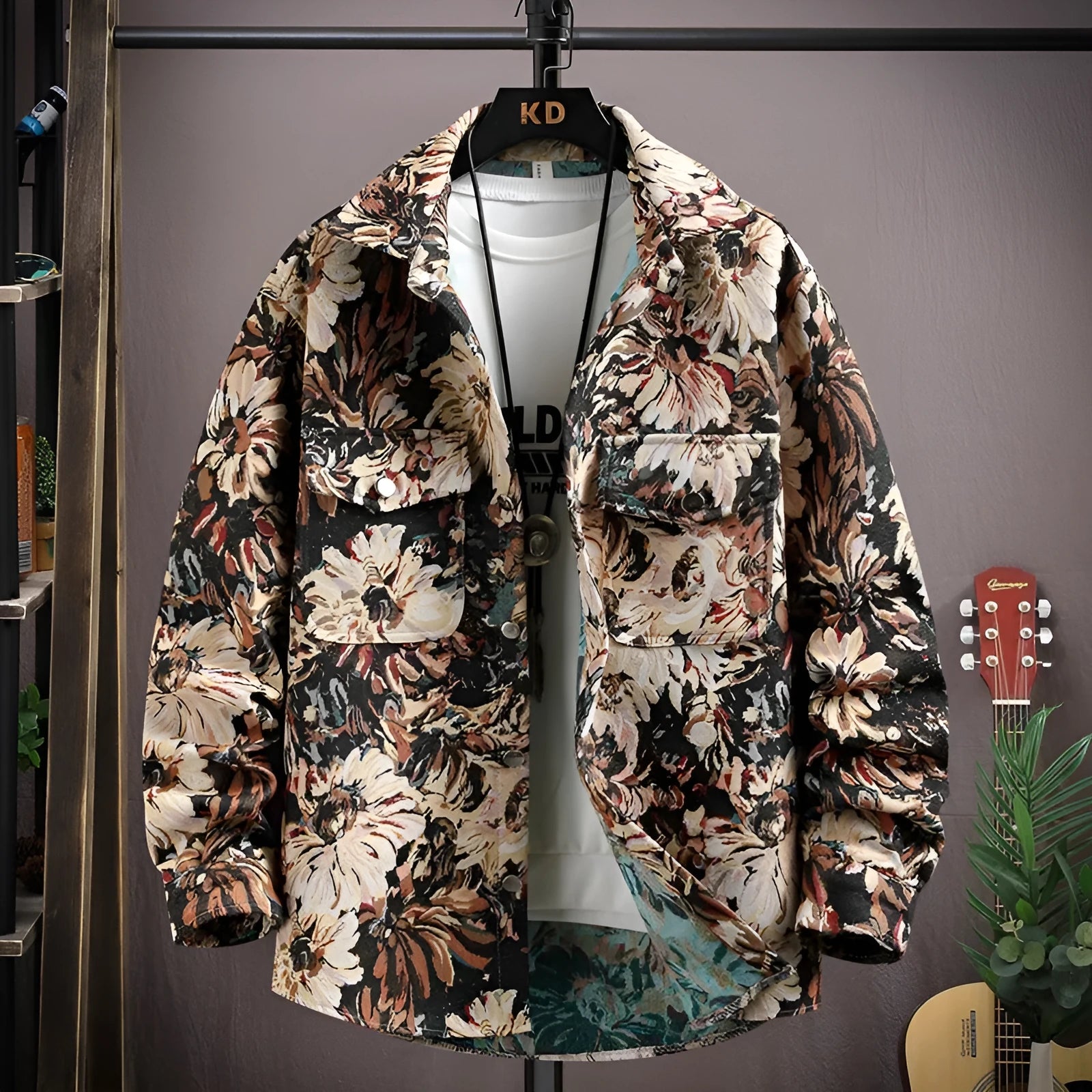 Casual lapel shirt coat in a colour option, shown with long sleeves and a straight hem.