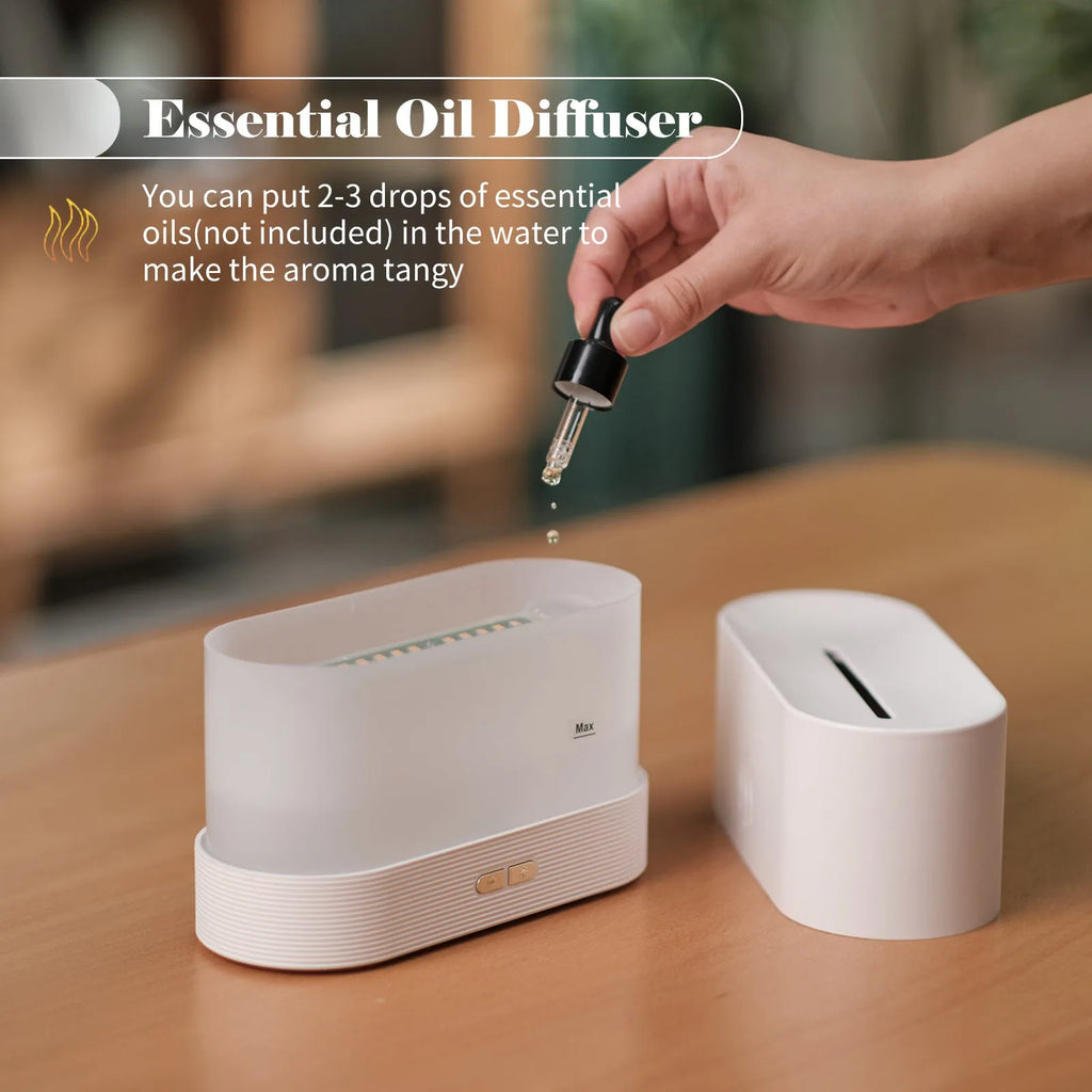 Square black ultrasonic aroma diffuser with flame LED effect and mist output