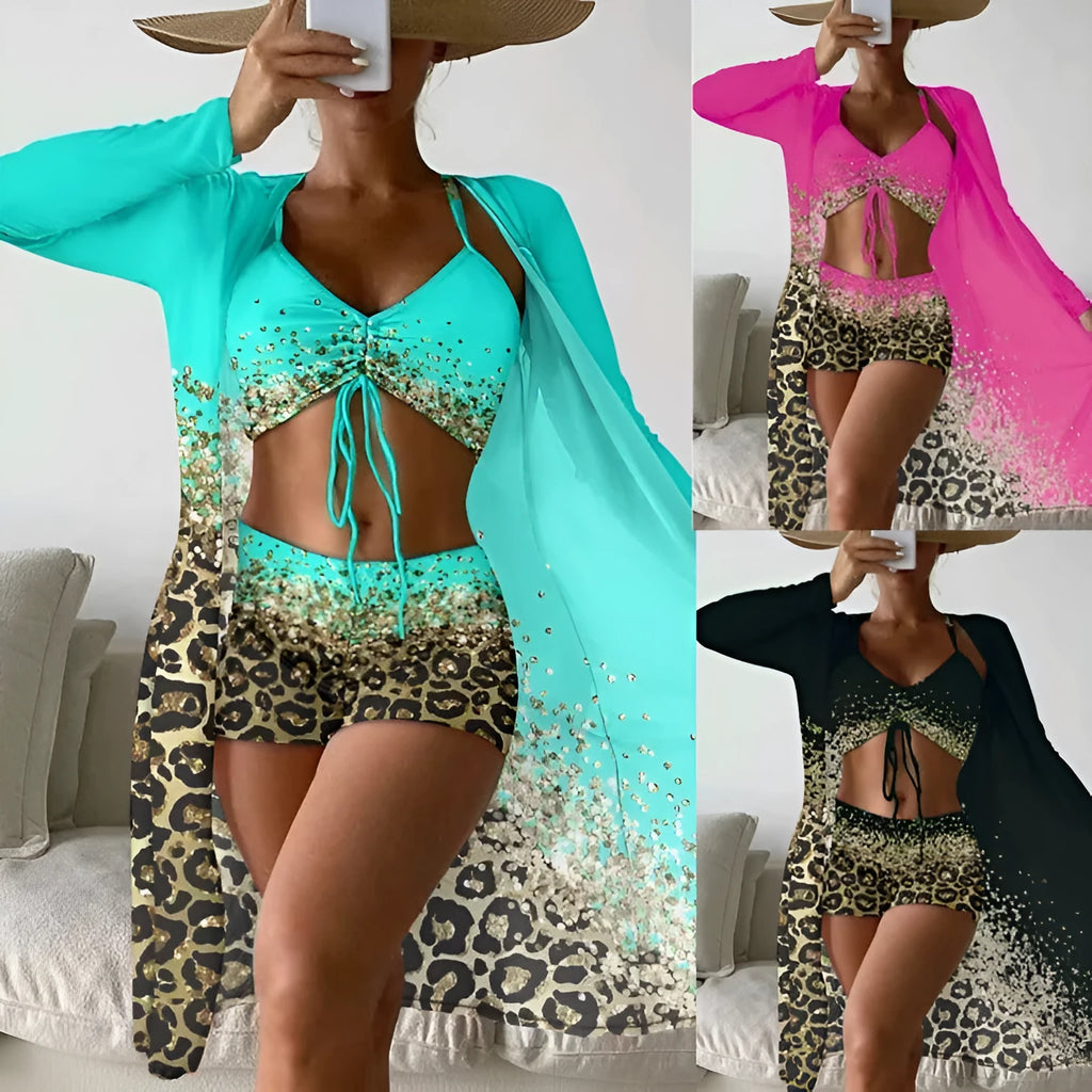 Women's lake blue swimsuit set with high waist briefs and sleeveless top