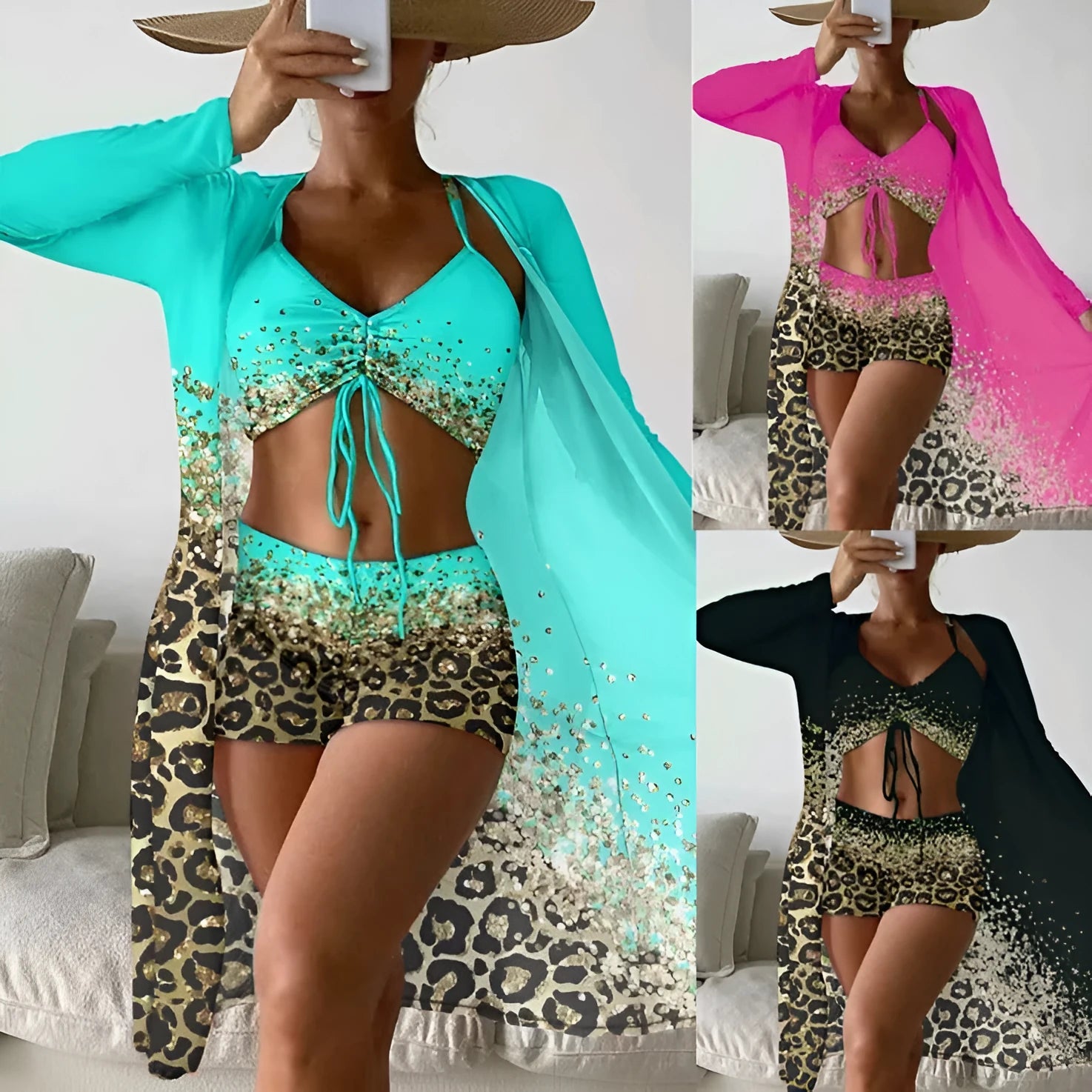 Women's lake blue swimsuit set with high waist briefs and sleeveless top