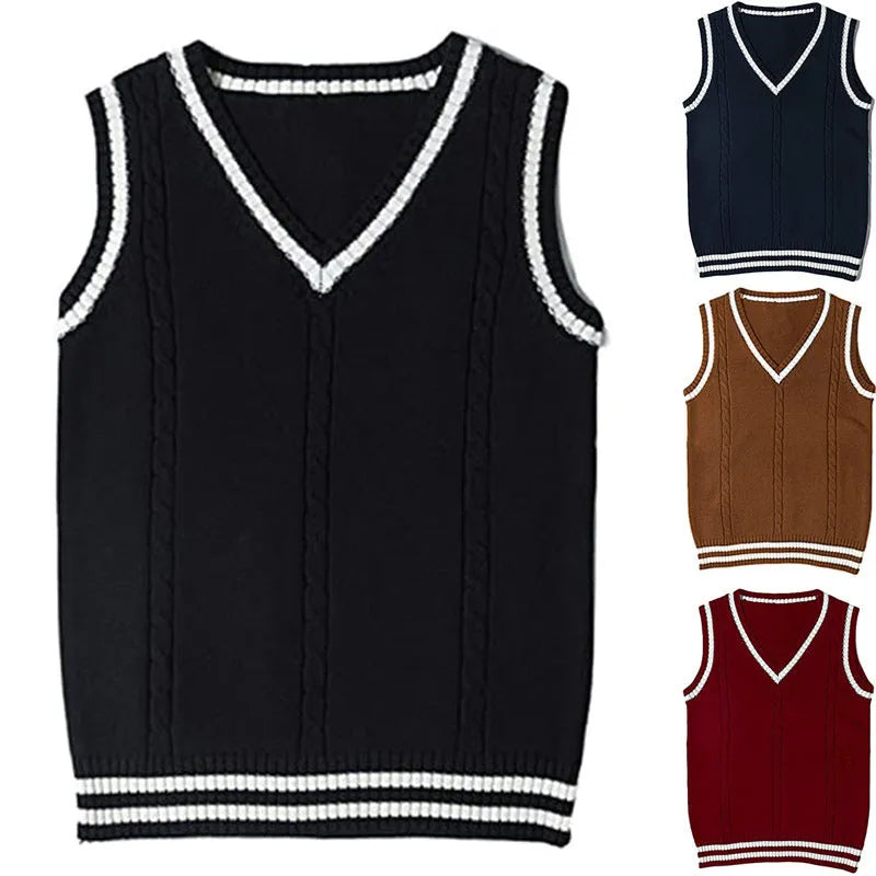 Women's black knitted V-neck waistcoat sweater with striped stitching detail