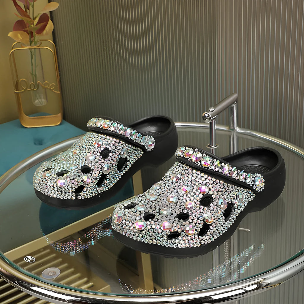 Black women's platform sandals with rhinestone detailing on EVA upper and sole.