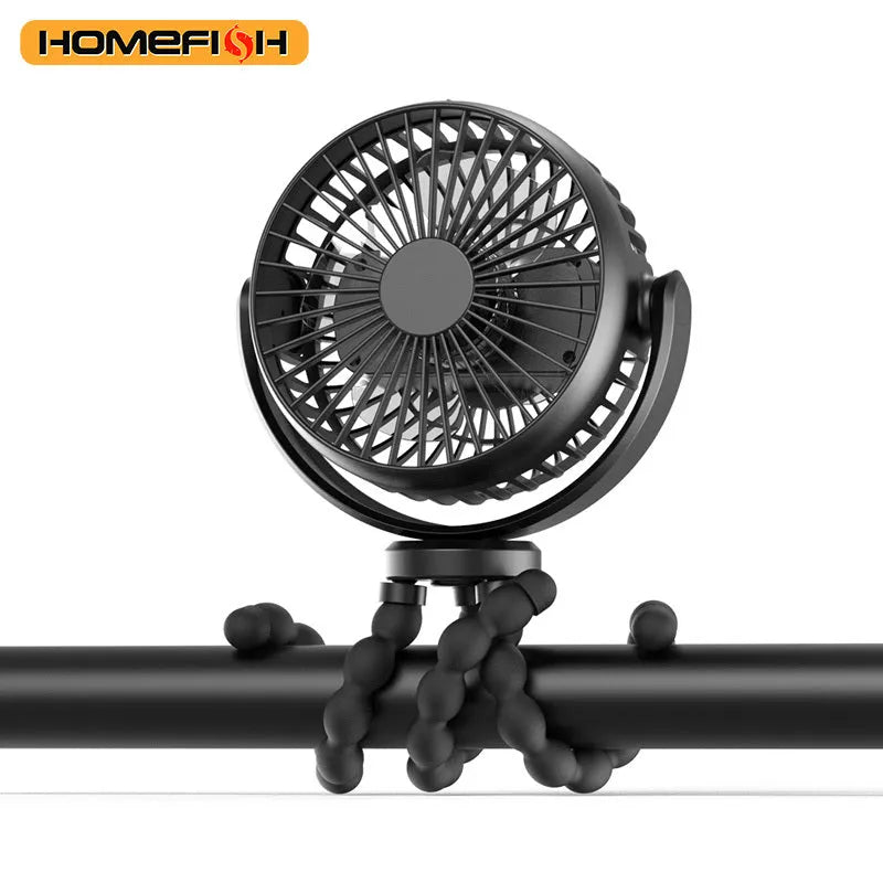 HOMEFISH F2 automatic shake head portable fan with LED light on a removable bracket.