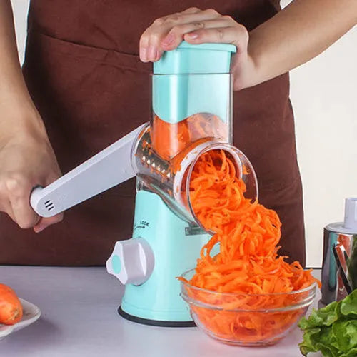 Manual kitchen mandoline slicer with round stainless steel blade in blue, green or red colours