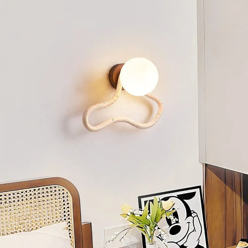 Middle Ancient cream style bedroom wall lamp with white travertine glass shade and solid wood base