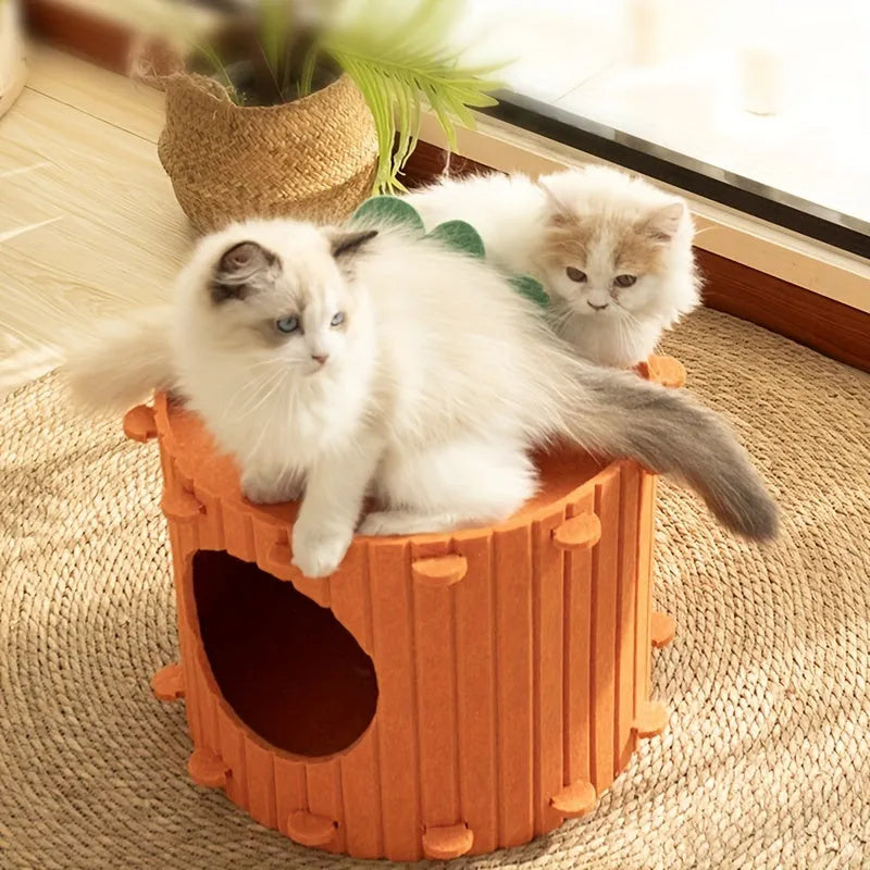A brown felt carrot-shaped cat nest with a round drilled hole entryway, shown in two size options.