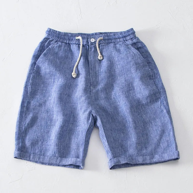 Men's high-waist loose tapered linen trousers in dark gray, front view, with relaxed fit and tapered leg