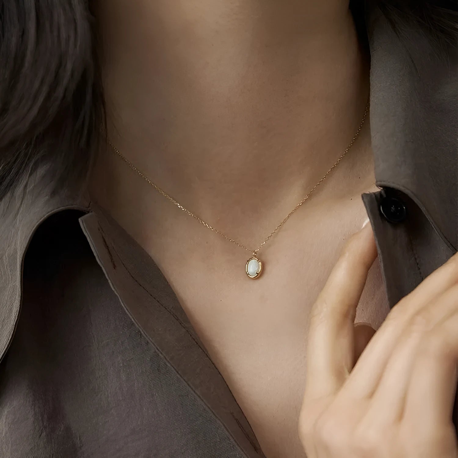 Oval geometric jelly opal pendant on a chain with 14K gold or white gold plating over S925 silver.