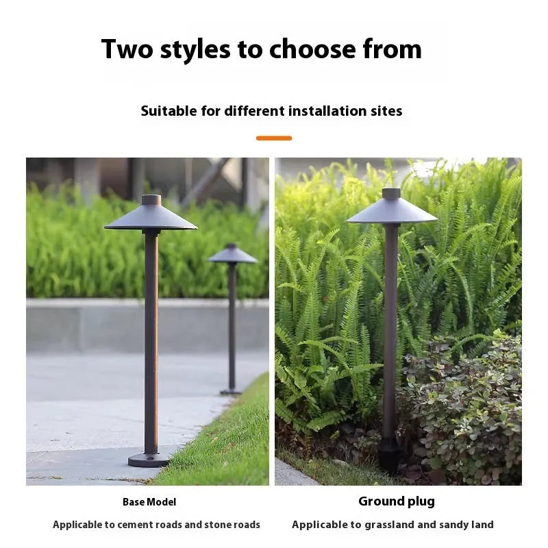 Geometric outdoor lawn lamp in black aluminium with IP65 weather protection for garden floor use