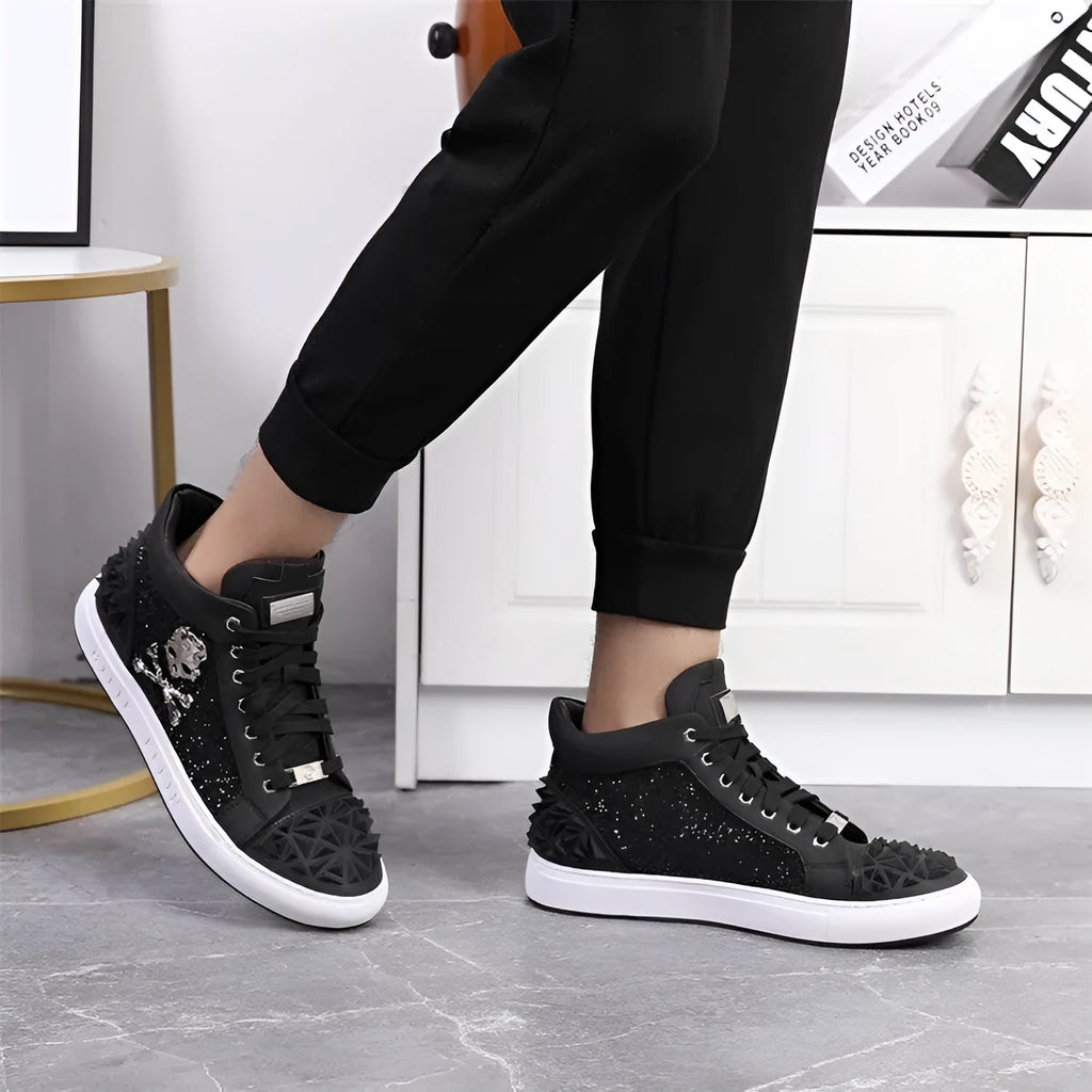 Men's black genuine leather high-top skeleton shoes with red trim and white laces on a rubber sole.