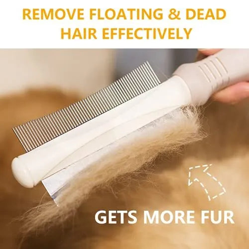 White double-sided dog and cat deshedding brush with curved comb and ergonomic handle