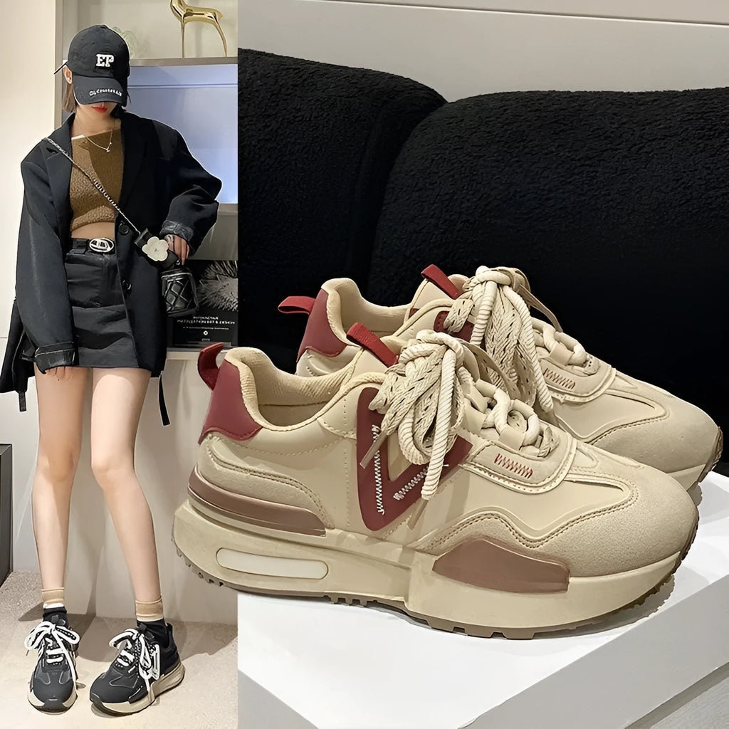 Women's black and khaki red retro platform sports shoes with artificial PU upper and rubber sole