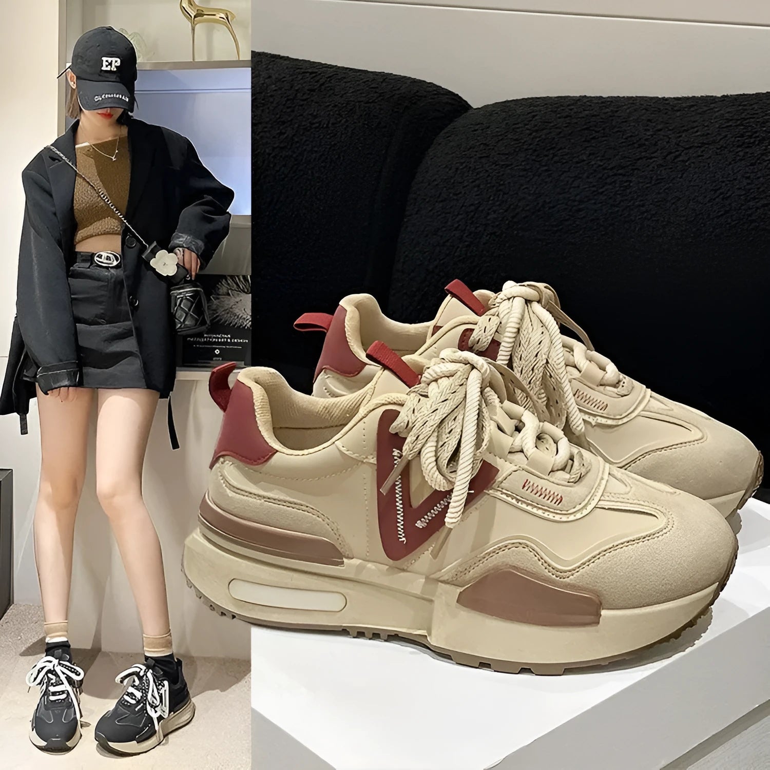 Women's black and khaki red retro platform sports shoes with artificial PU upper and rubber sole