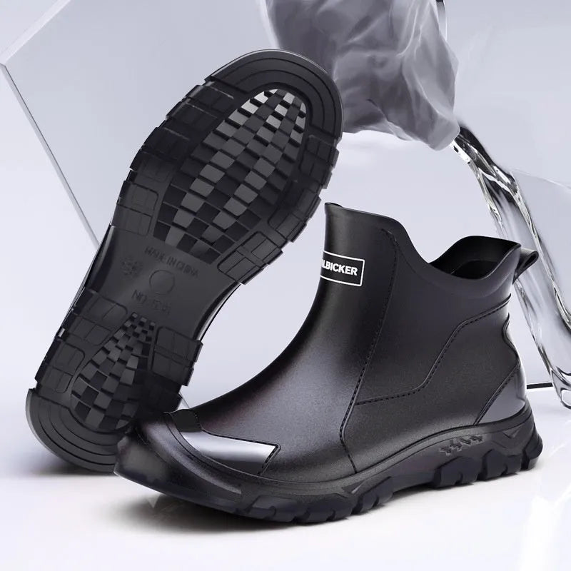 Low-cut short tube rubber rain boots in black with non-slip plastic soles.