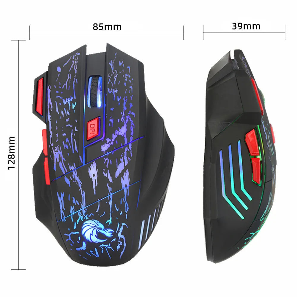 Water crack colourful luminous gaming mouse with USB cable on desktop