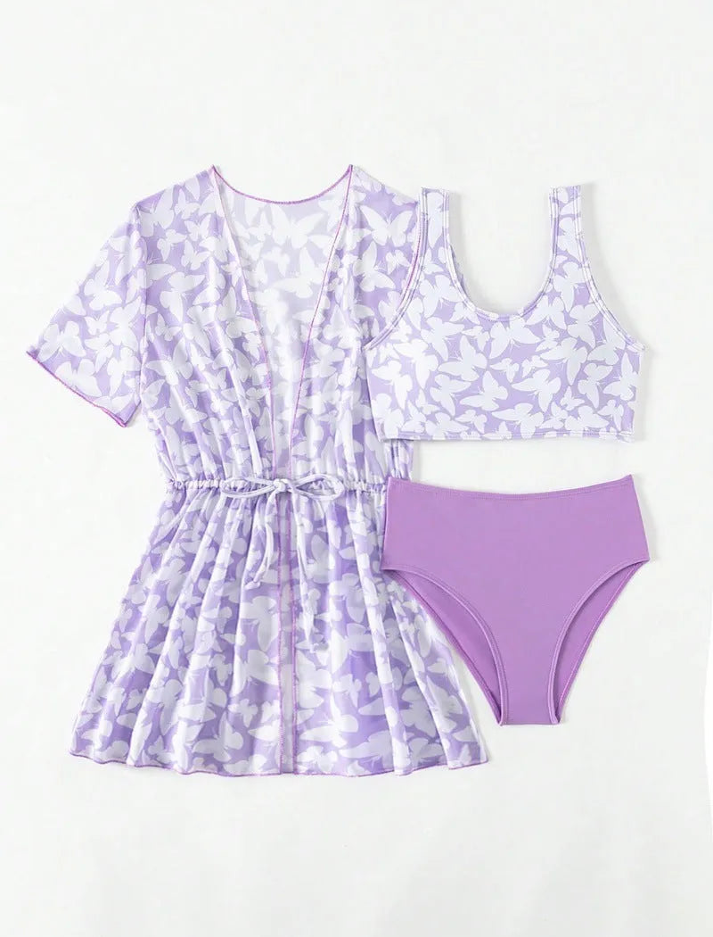 Girls' three piece print swimsuit set with coat, vest, and briefs in colour 3218