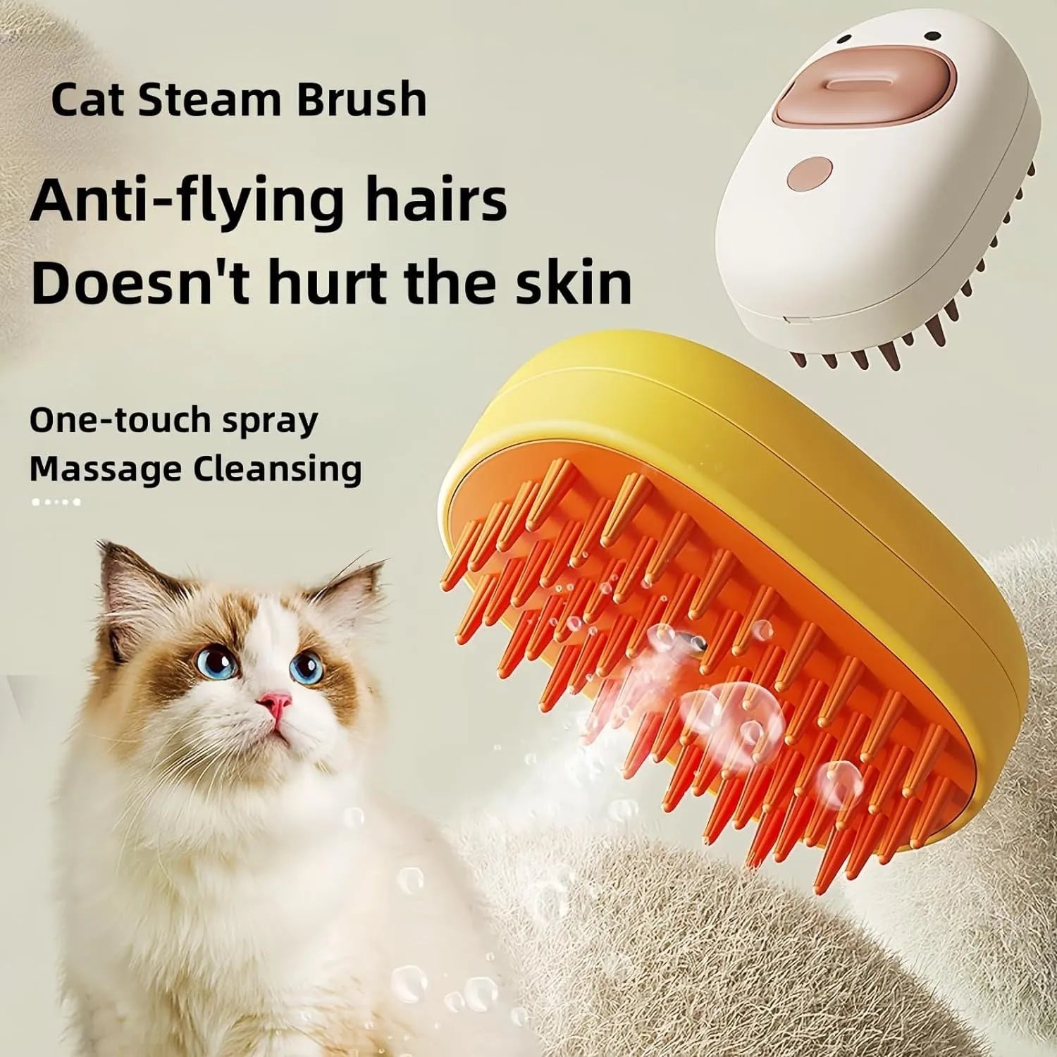 White rechargeable pet steam brush with rubber comb teeth and water tank