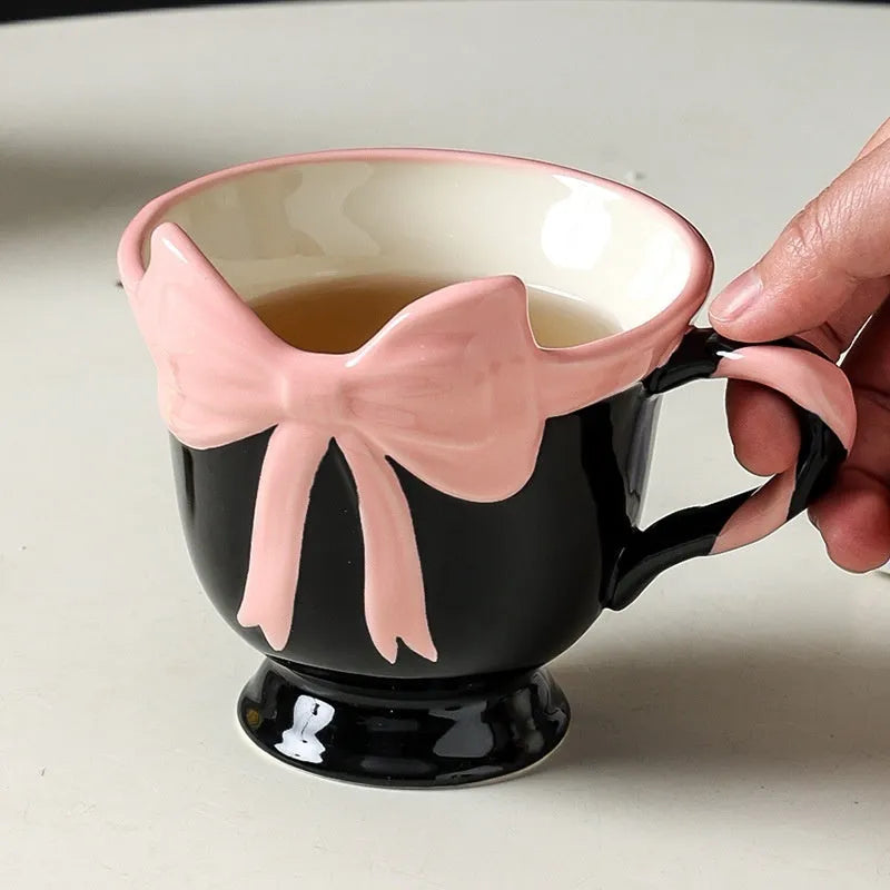 Girl heart bow pattern ceramic mug in black pink or white powder colour, 301-400ml capacity
