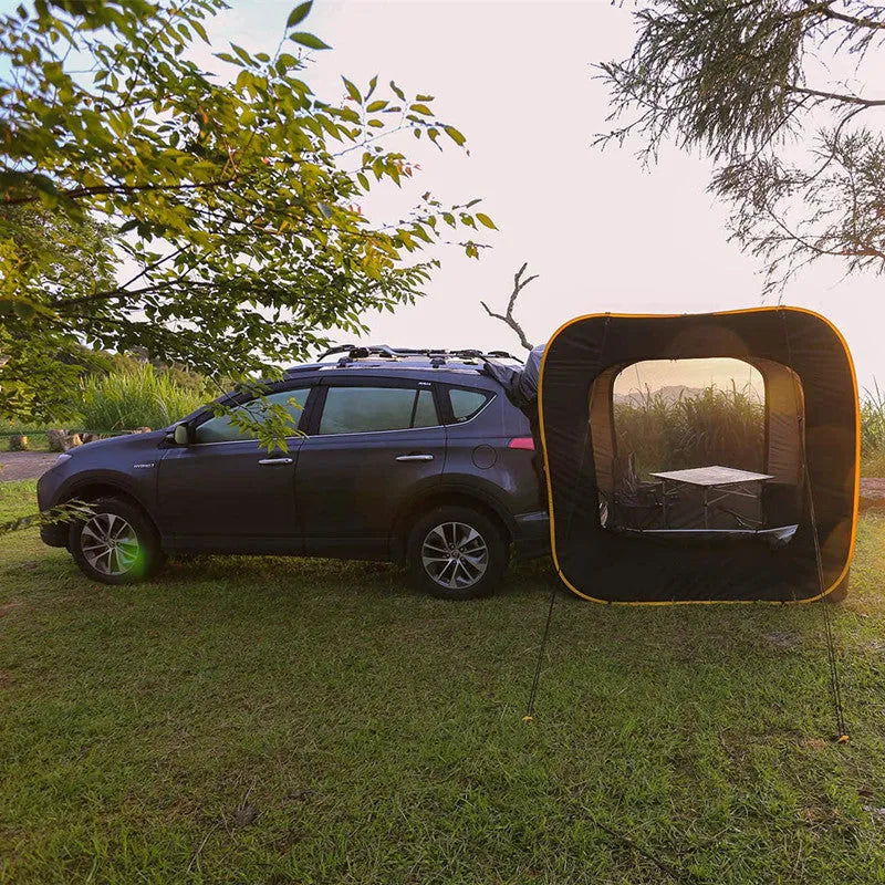 Black pop-up car tailgate tent with steel frame unfolded to 200cm dimensions