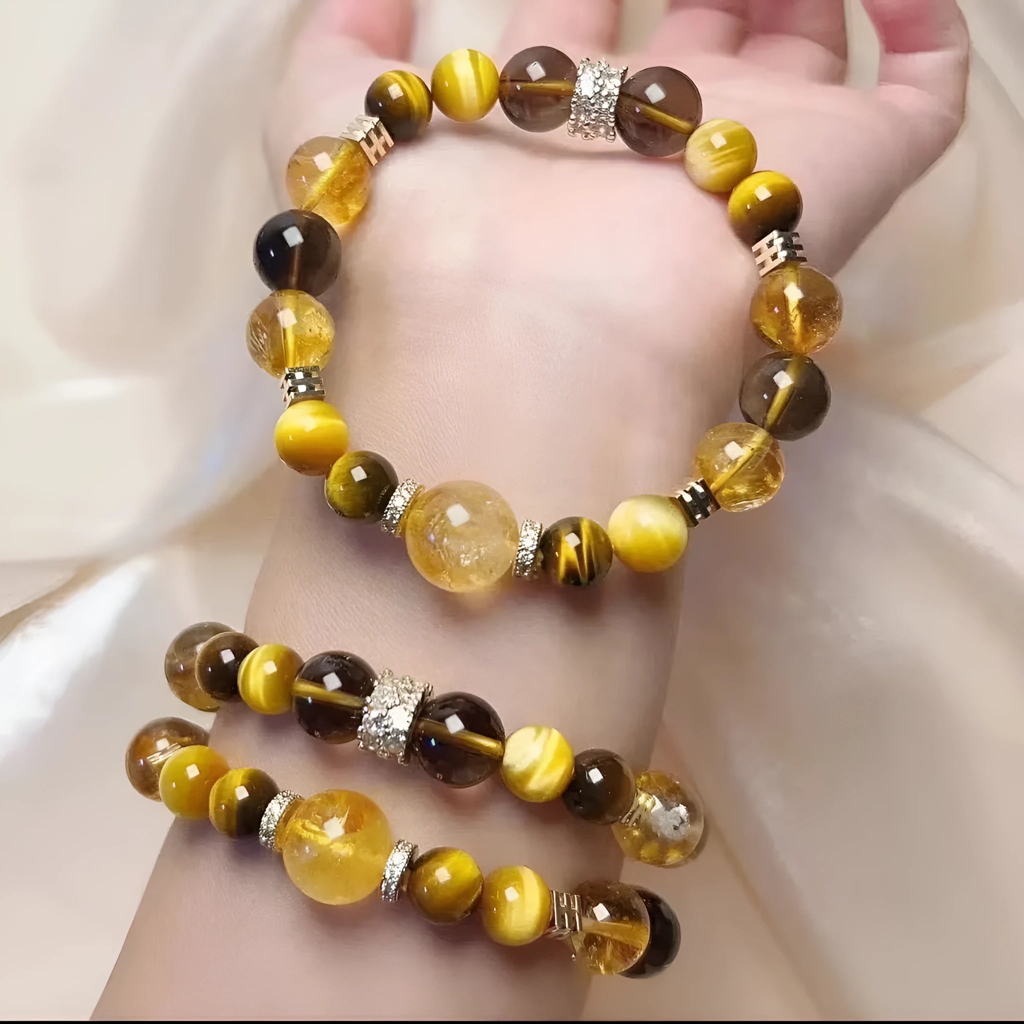 Handmade yellow crystal beaded bracelet with 10mm tower string beads on wrist