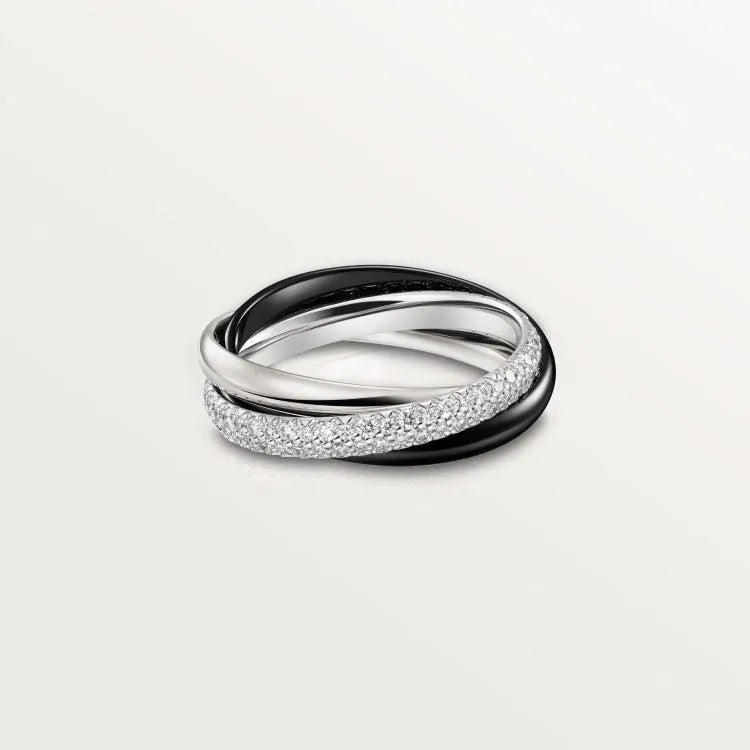 A geometric U-shaped silver couple ring set with diamonds, shown in rose gold and black colour variants.