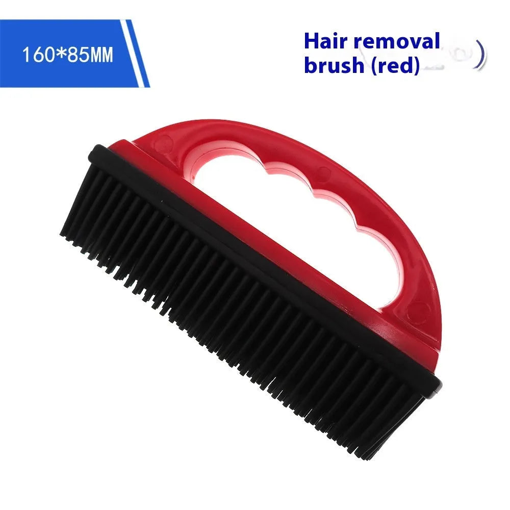 Red pet hair removal brush with silicone bristles for bath grooming and carpet cleaning