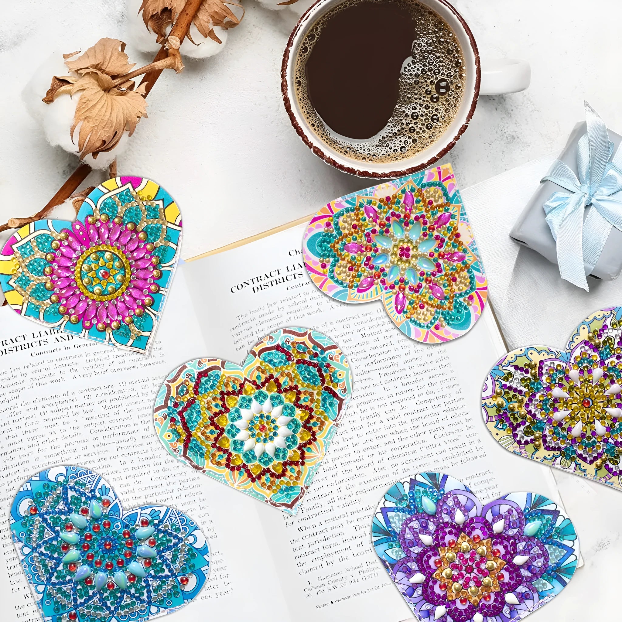 Set of six PU leather handmade bookmarks with flower cornerite shapes and stick-on crystals.