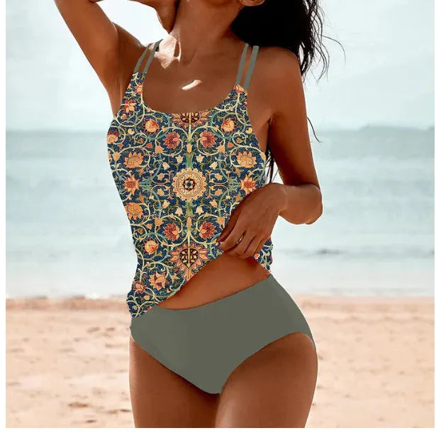 High waist swimwear briefs with vintage printed pattern and conservative coverage