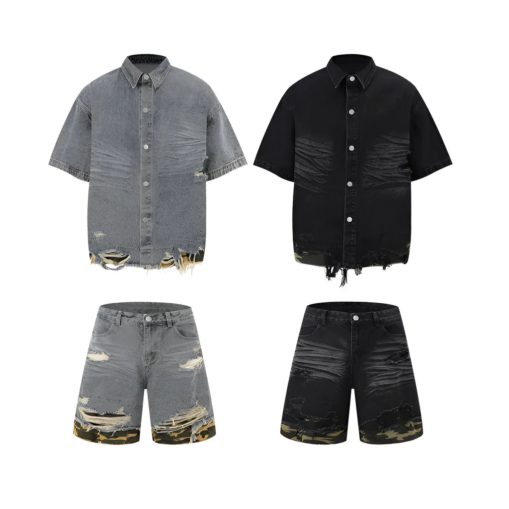 Leopard print denim short sleeve jacket and matching shorts with cut edge stitching detail
