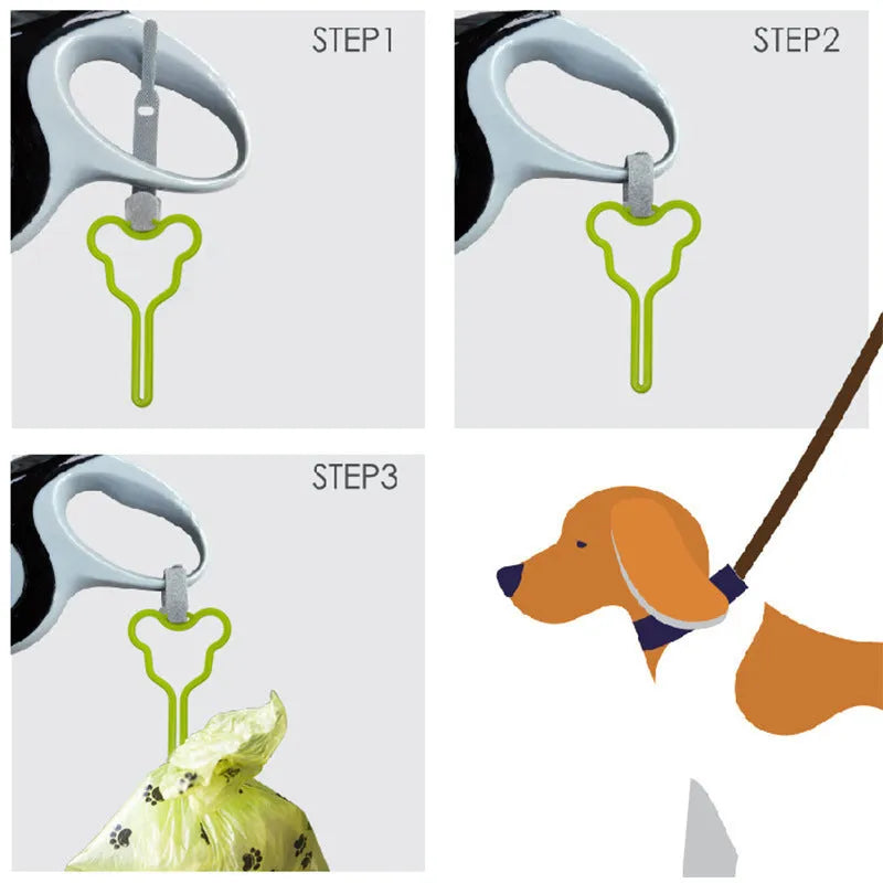 A hands-free dog poop bag holder with a fixed clip and adjustable black Velcro strap attached to a leash.