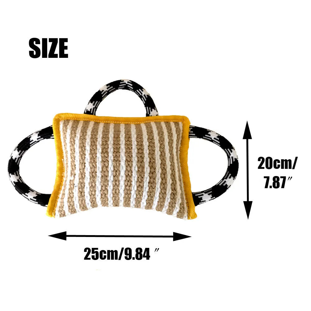 Blue dog tug toy with jute bite pillow and three rope handles for tug of war.