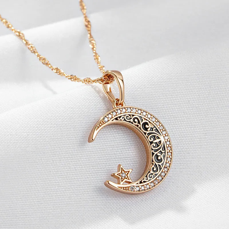 Rose gold star moon necklace with adjustable water wave chain showing zircon and enamel pendant details