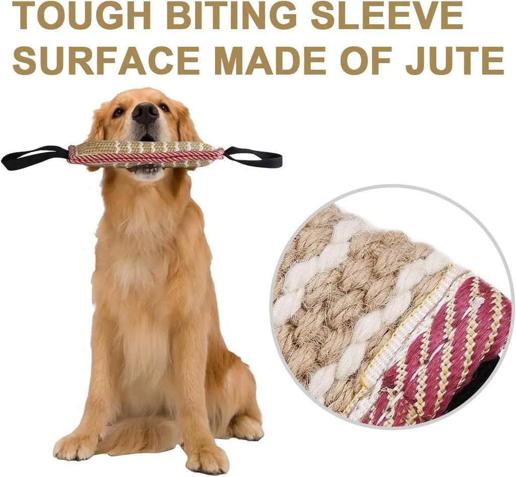 Beige and pink jute dog tug toy with two fabric handles on a white background.