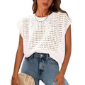 White women's loose pullover sweater with crochet detail on the sleeves