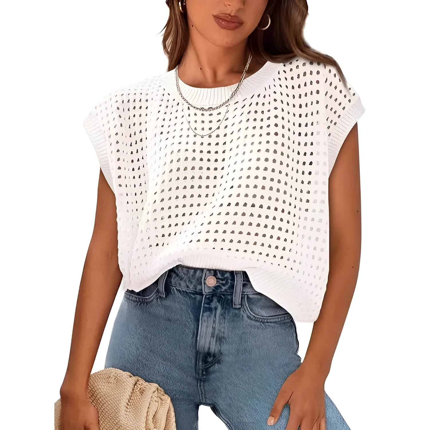 White women's loose pullover sweater with crochet detail on the sleeves