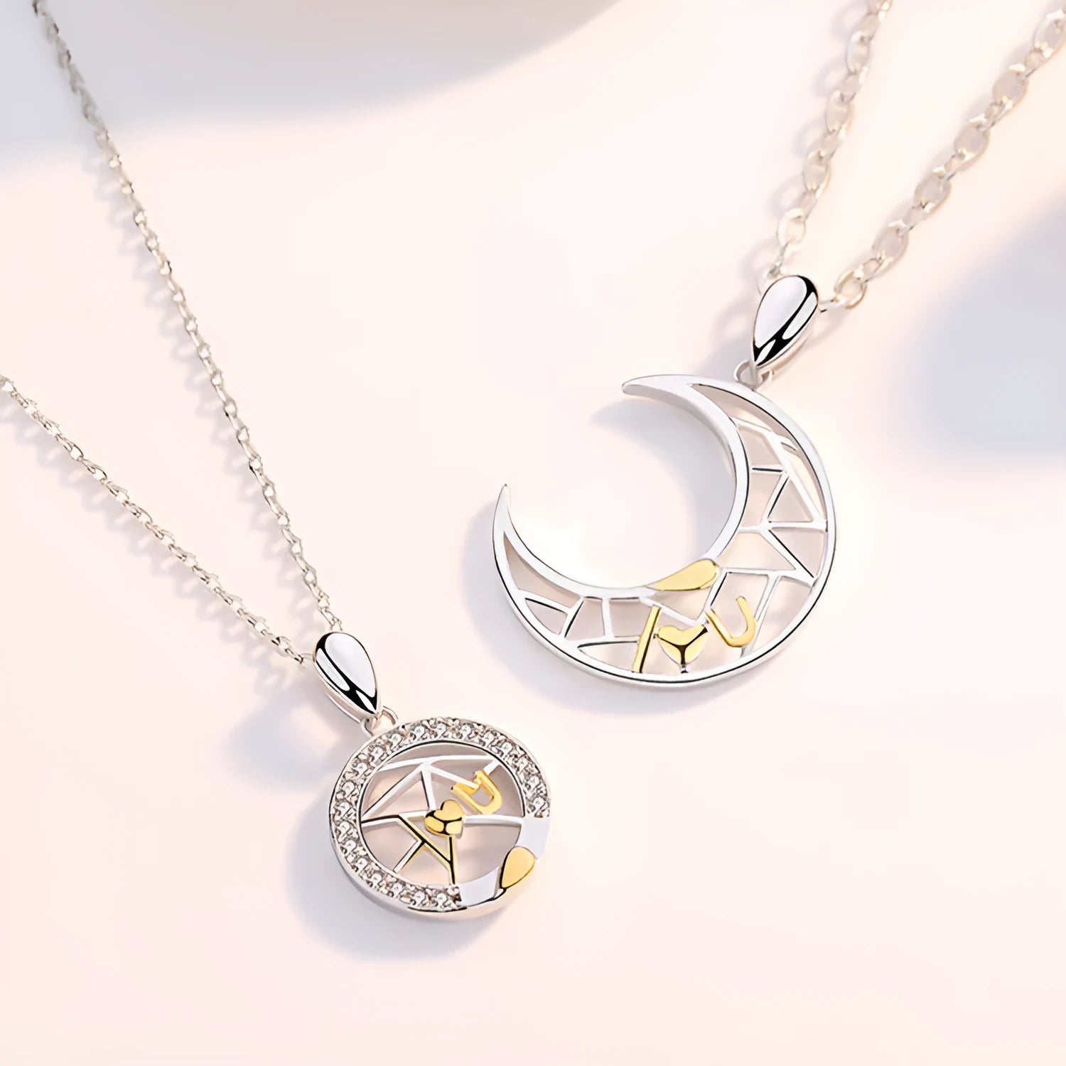 Sun moon couple necklace with copper pendant and cross chain in male and female colour variations