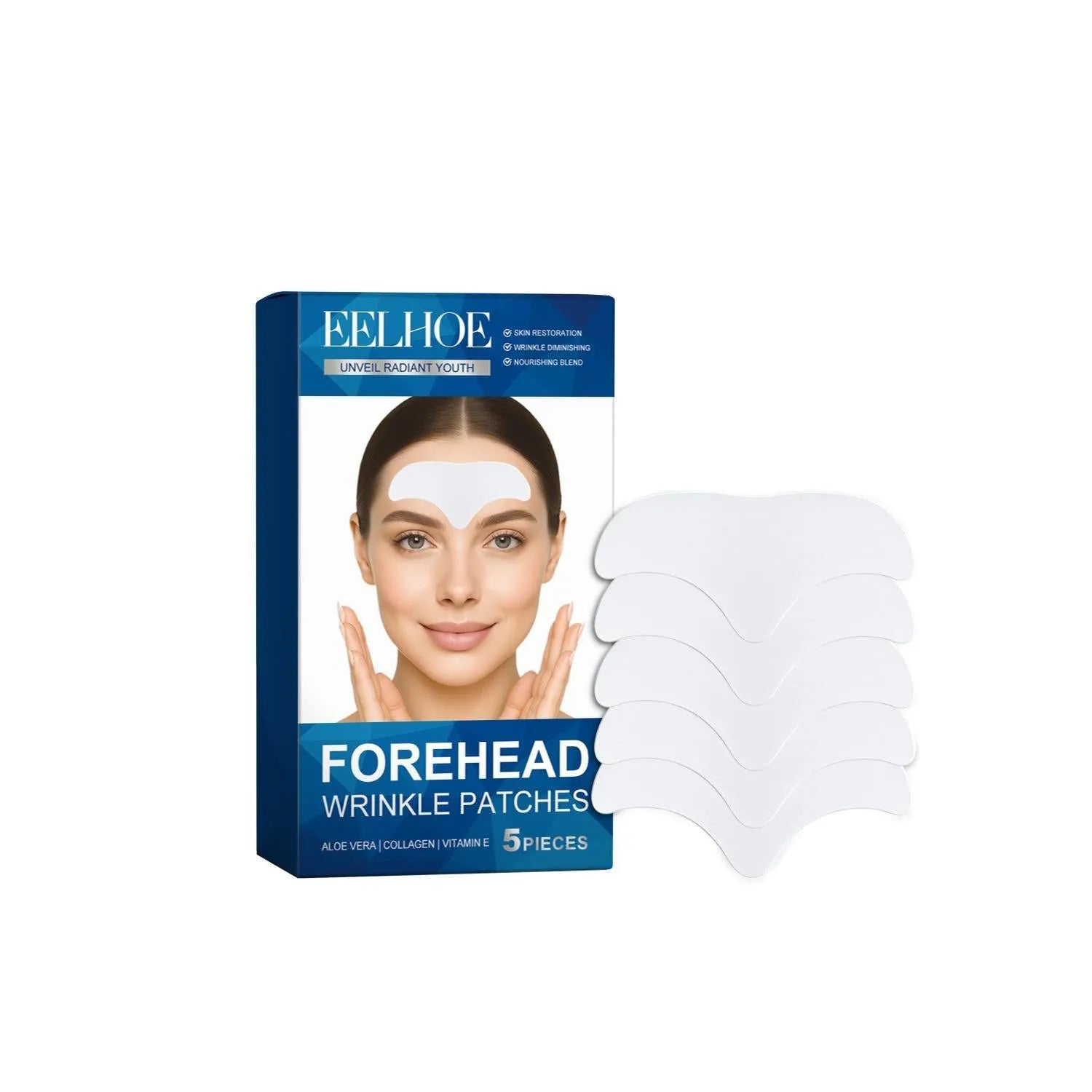 Five forehead skin care patches with non-woven fabric containing vitamin E and hyaluronic acid