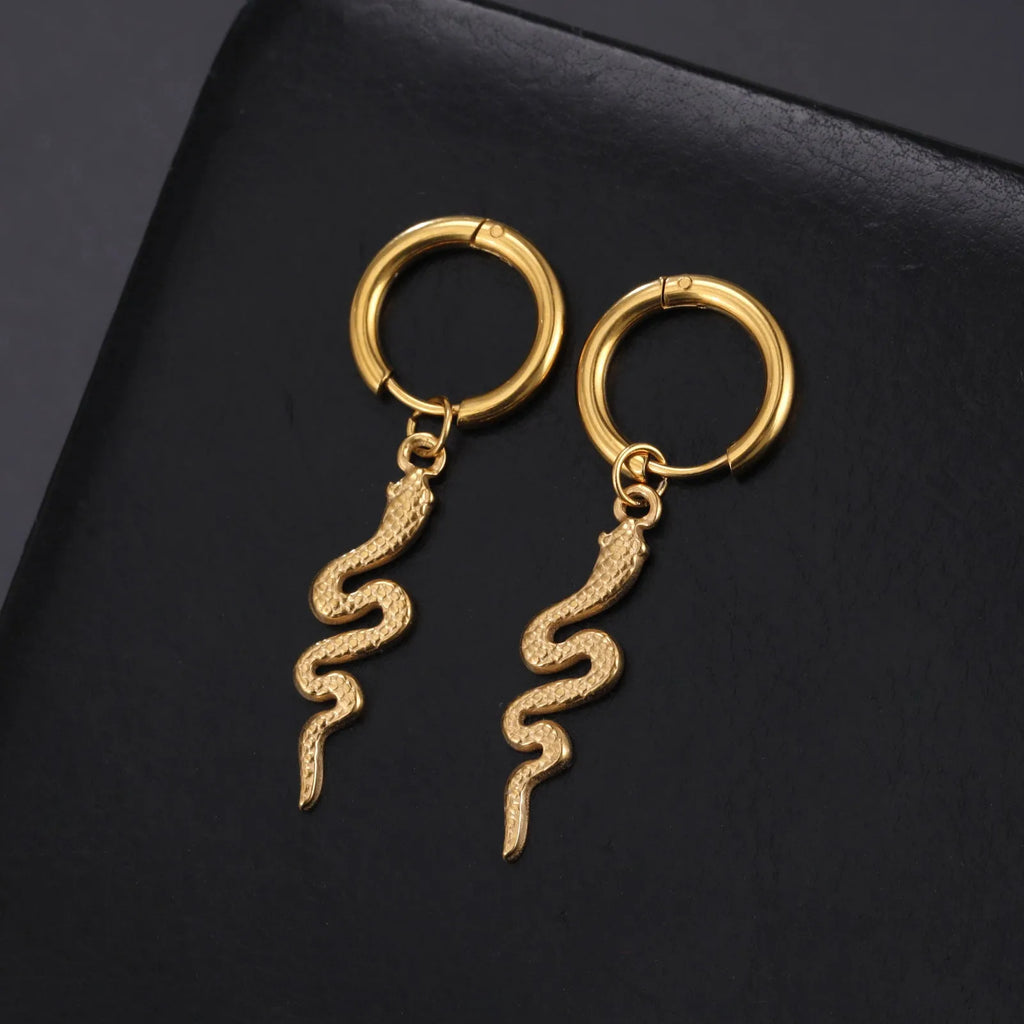 A pair of vintage-style snake-shaped earrings in stainless steel with a gold or steel electroplated finish.