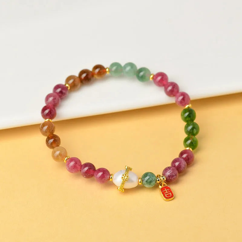 Geometric natural crystal bracelet with tourmaline and chalcedony 6.5mm beads