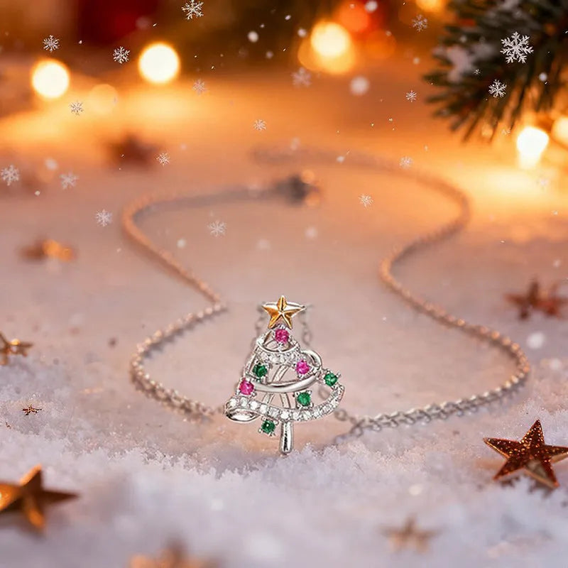 Two-tone copper Christmas tree necklace with inlaid zircon snowflake pendant on adjustable chain