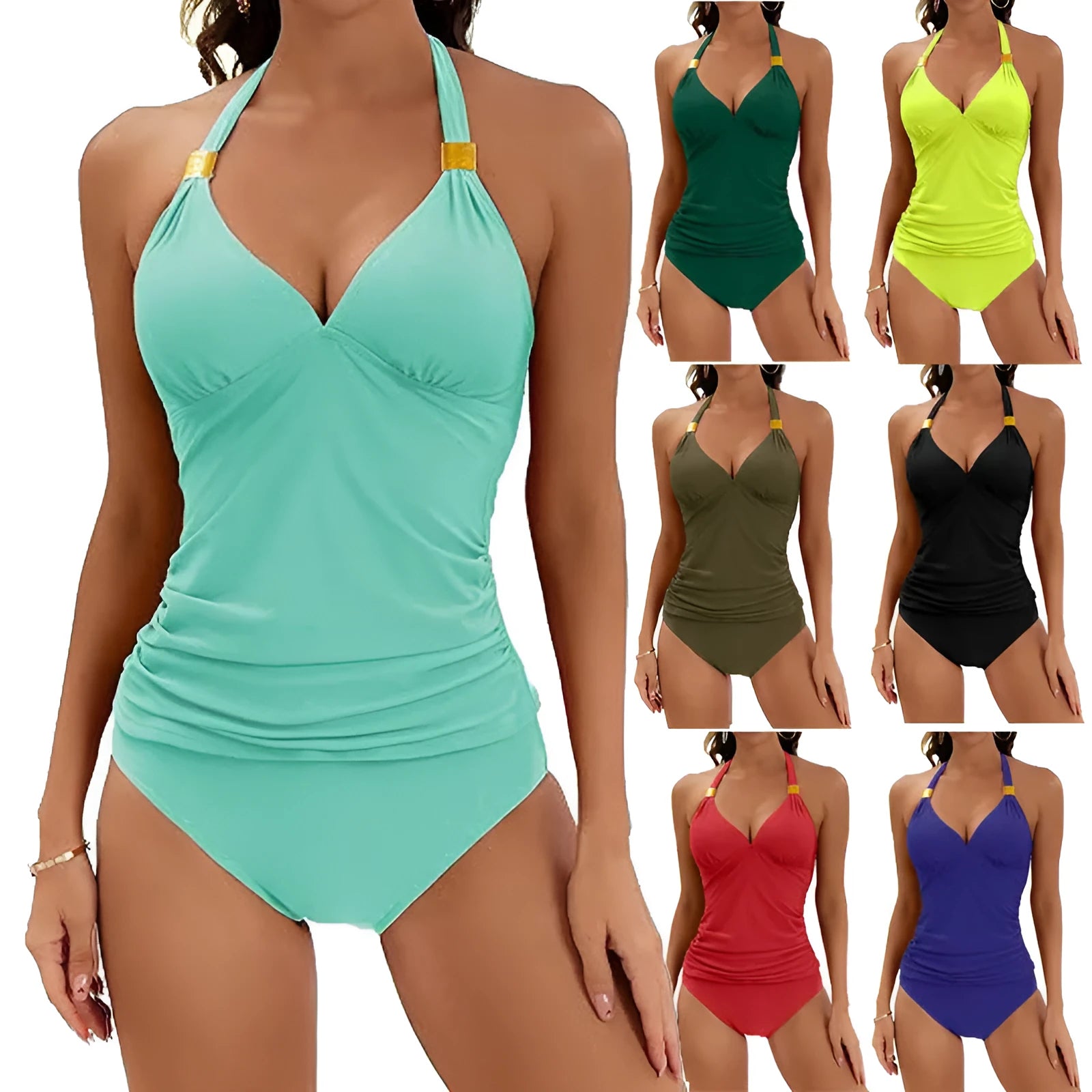 Women's solid colour halter neck bikini swimsuit with V-neck design in polyester-spandex fabric