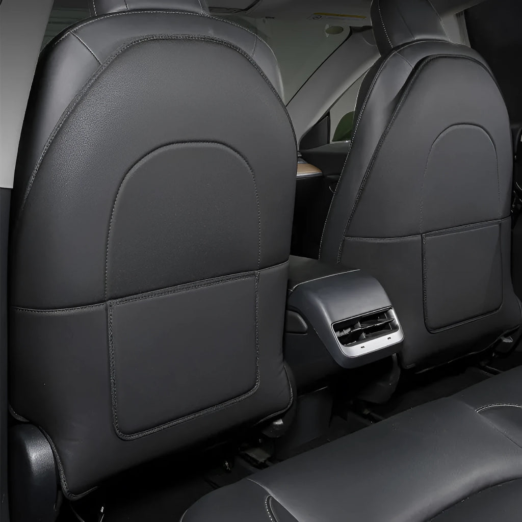 Black leather rear anti kick pad for car seat protection with a pocket.